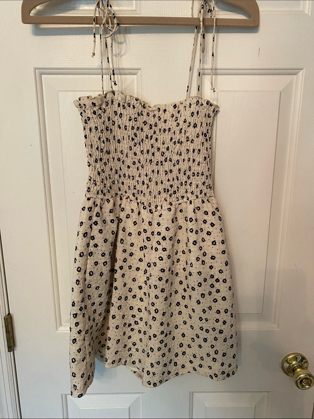 Smocked Floral-Print Dress in Cream and Black